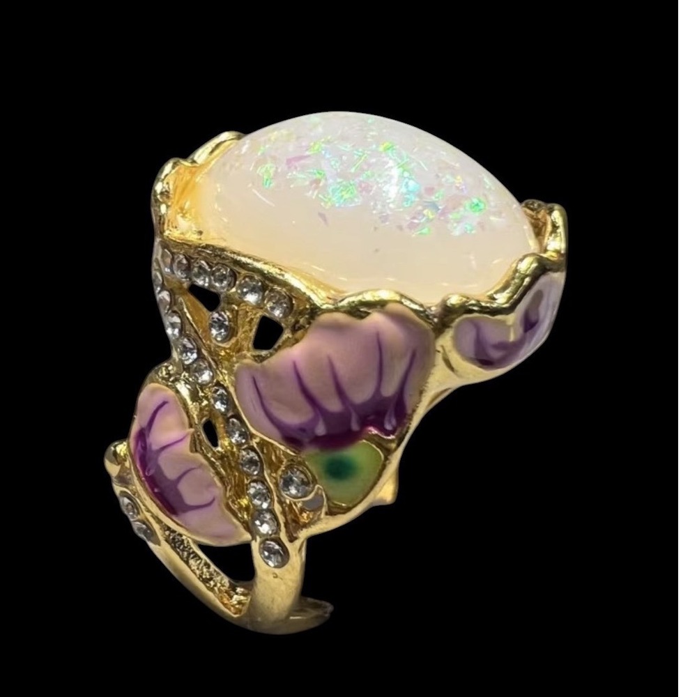 Art Nouveau Floral Faux Opal Statement Ring Gold Tone Enamel Crystal Size 8